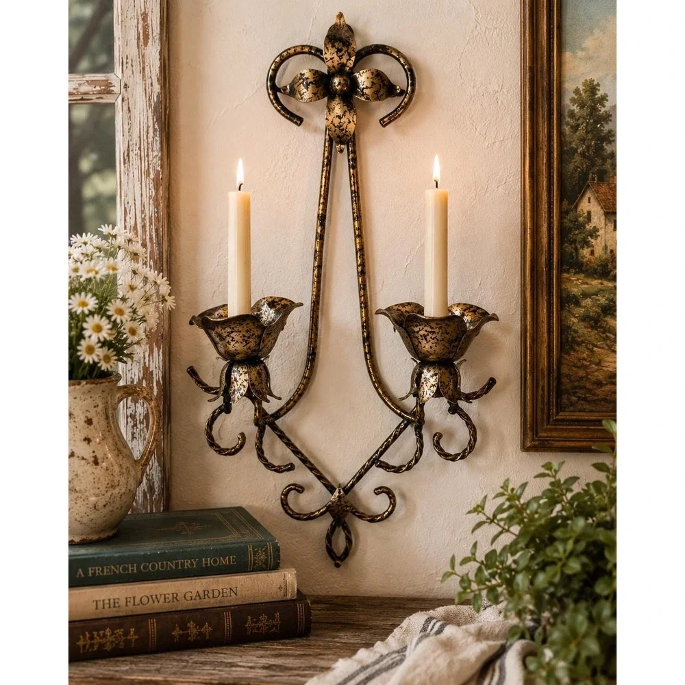Metal Double Taper Candle Holder Wall Sconce Rustic Floral Scroll Wall Decor